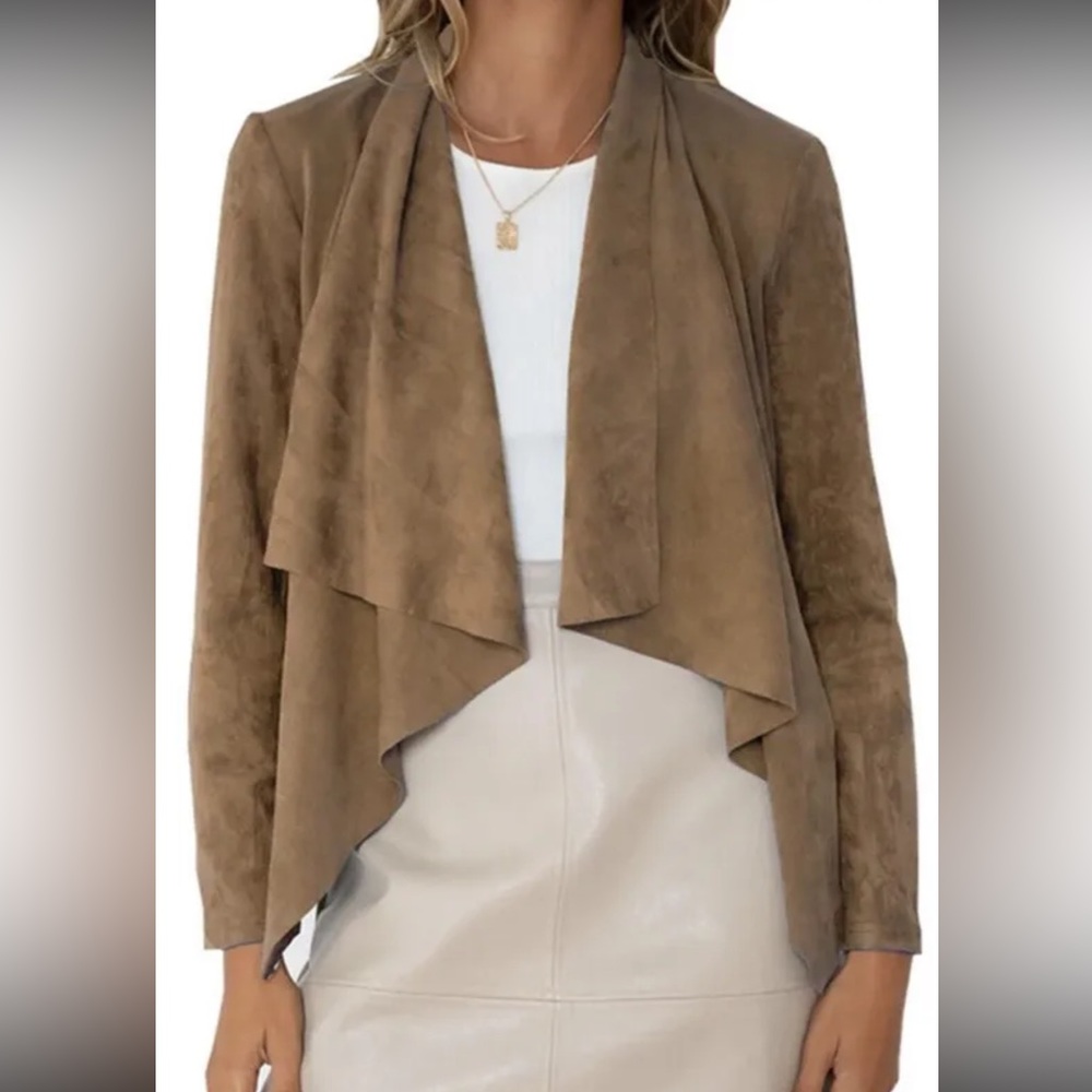 Neiman Marcus Cascade Ruffled Brown Open Front Leather Jacket Womens Size Medium